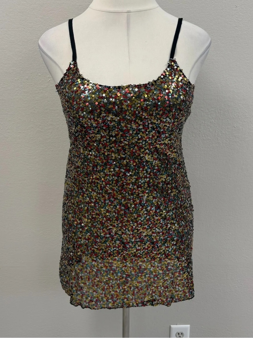Free People Intimately Black Rainbow Sequin Mini Slip Dress - New - Size Large